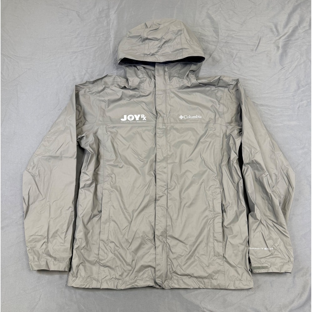 Columbia Omni-Tech Mens Grey Rain Jacket JoyRx Logo Hooded Shell RM2433 Medium‎